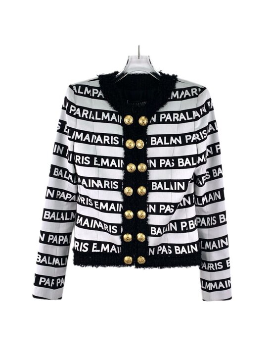 Balmain Jackets & Blazers - Balmain White Striped Logo Print Double-Breasted Cotton Jacket